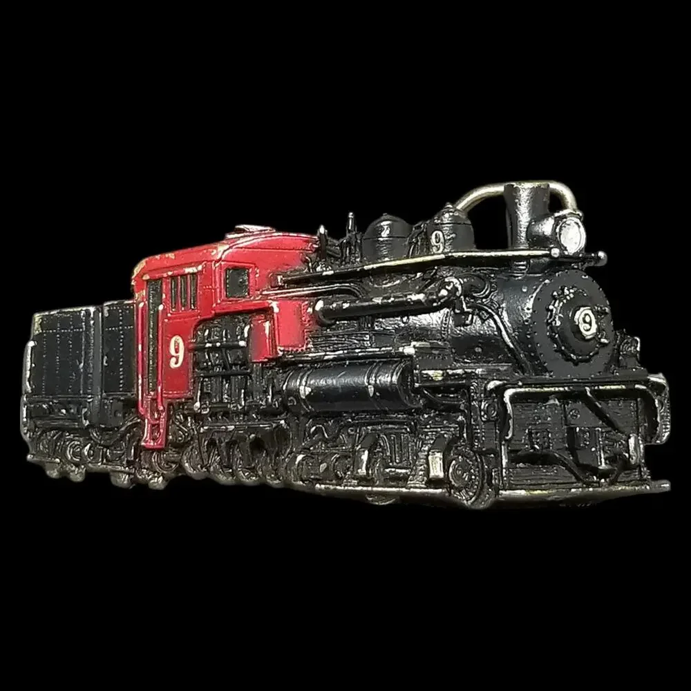 Vintage Belt Buckle 1983 Brass‎ Black & Red Steam Engine Train Locomotive No 9